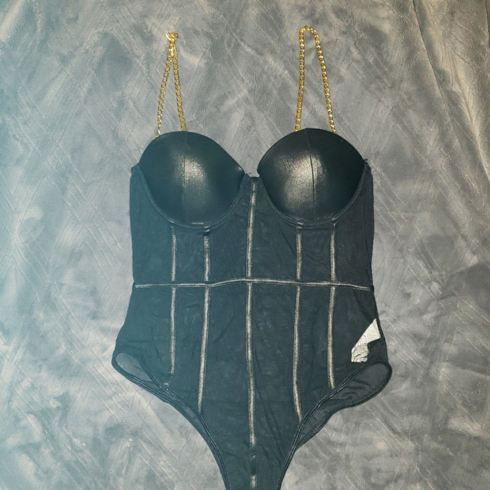 Black Sheer Bodysuit with Gold Chain Shoulder Straps